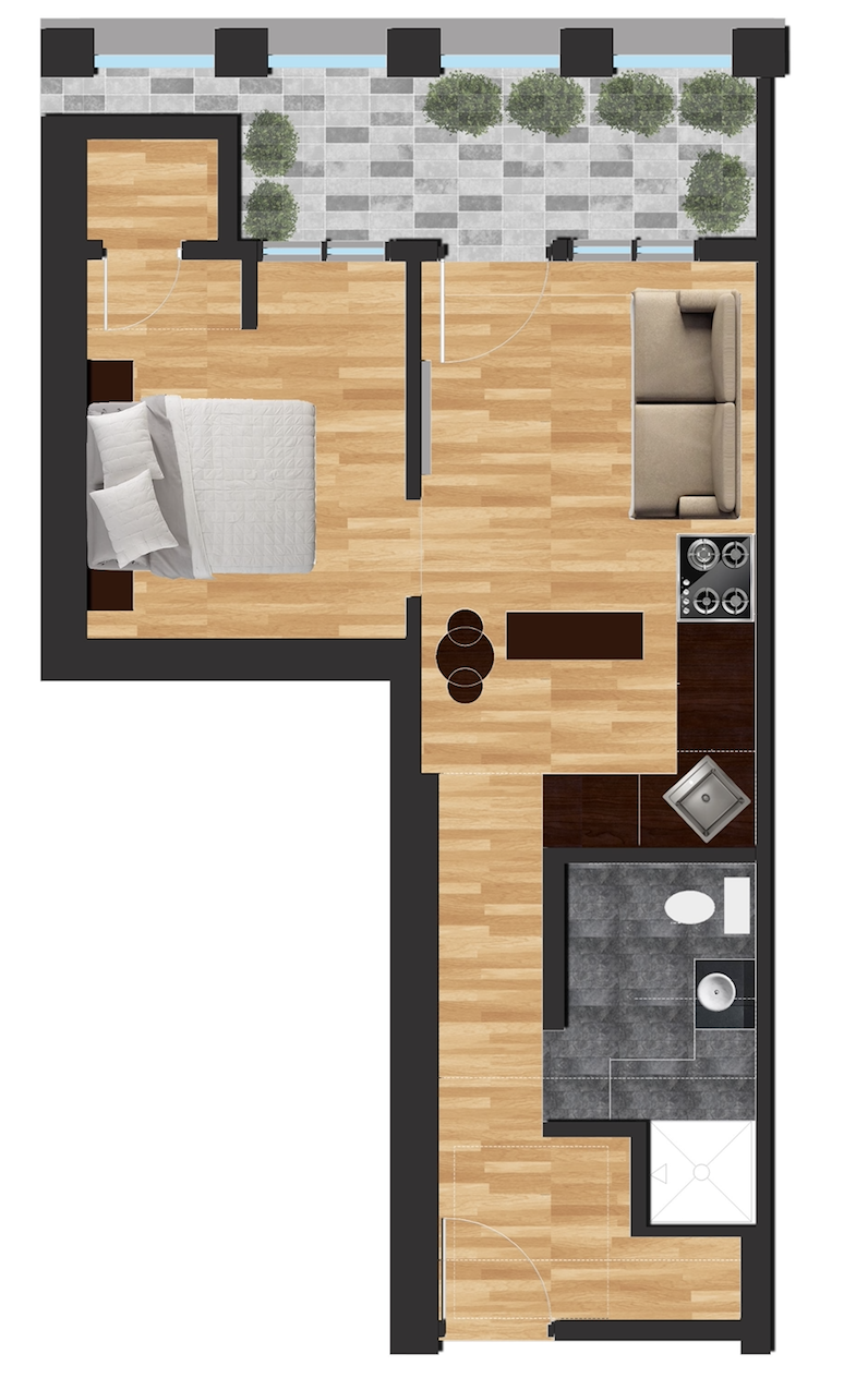 Floor plan for 1 bed, 1 bath, 640 sqft